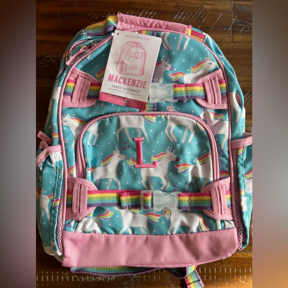 Pottery Barn Kids NWT Mackenzie Backpack in large. Embroidered with a large L.